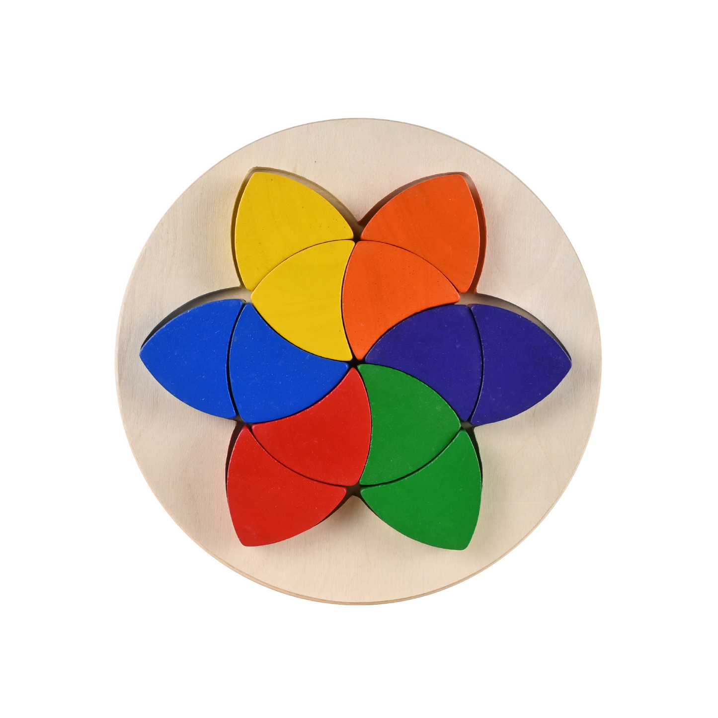 A puzzle toy consisting of twelve single shape parquetry pieces in beige, green, red, blue,yellow,orange,purple, fitted into a circular tray.