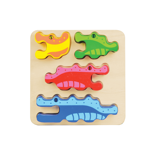 A set of colorful wooden crocodile blocks of various sizes arranged on a wooden tray.