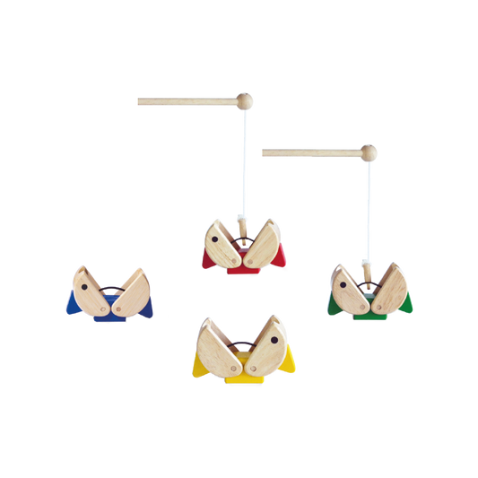 A colorful wooden fishing game with a hook and fish pieces designed for young children.