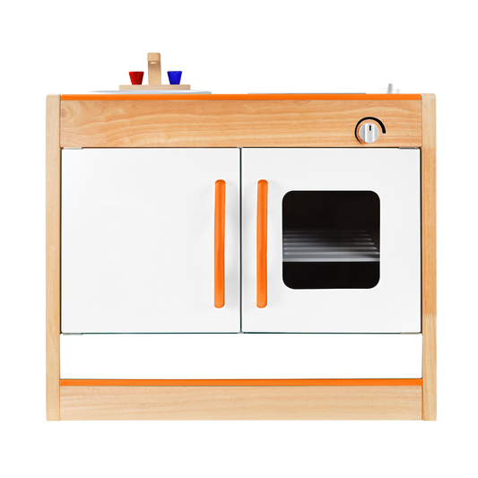 Children's toy kitchen set featuring a sink with faucet, stove top, and see-through oven.