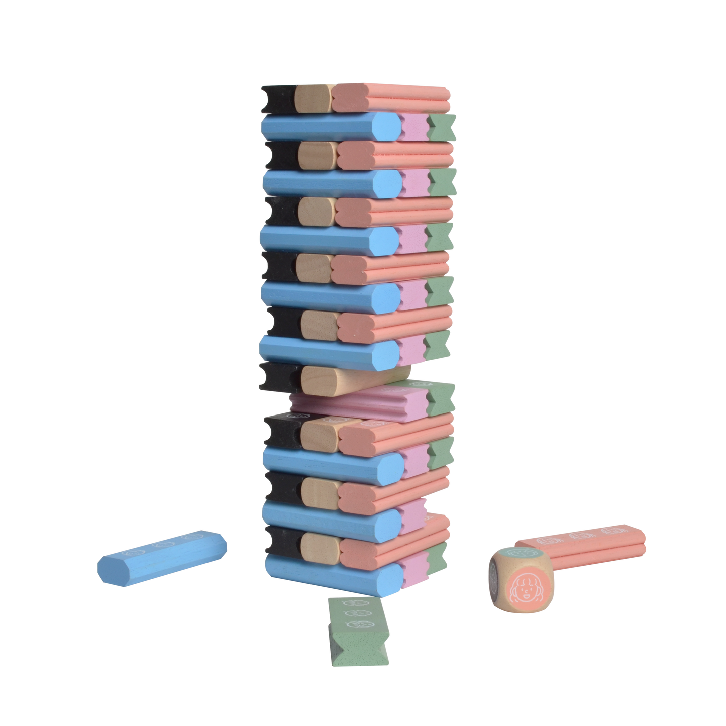 The image shows a wooden tumbling tower game with various colored wooden blocks and a wooden box packaging. A dice is also visible to the side.