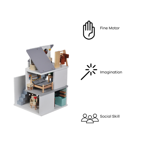 A dollhouse with multiple stories, furnished with Nordic furniture and containing two dolls. One story shows a bed, while another has a seating arrangement.