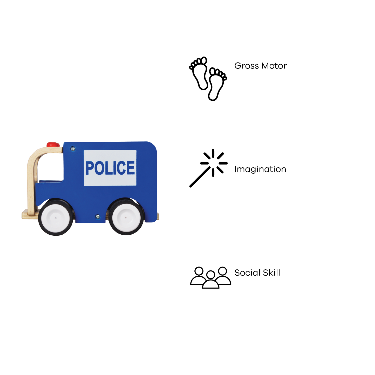 A wooden toy police car with blue body, white wheels, and a wooden handle.