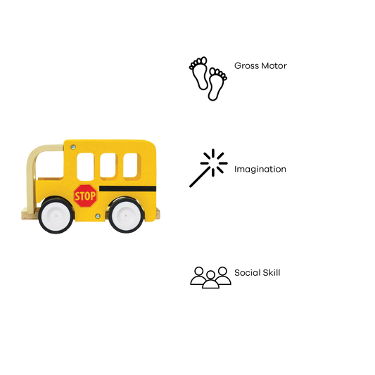 Wooden push-along school bus with smooth rubber tires and sturdy screw-secured structure.