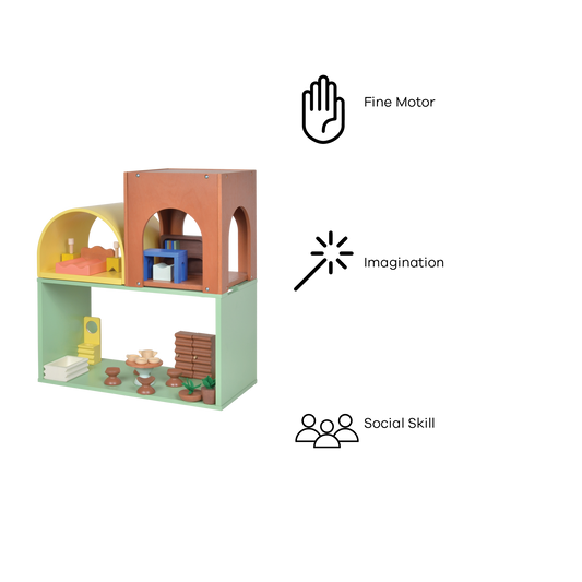 A colorful wooden dollhouse with multiple levels and rooms, furnished with miniature furniture and accessories.