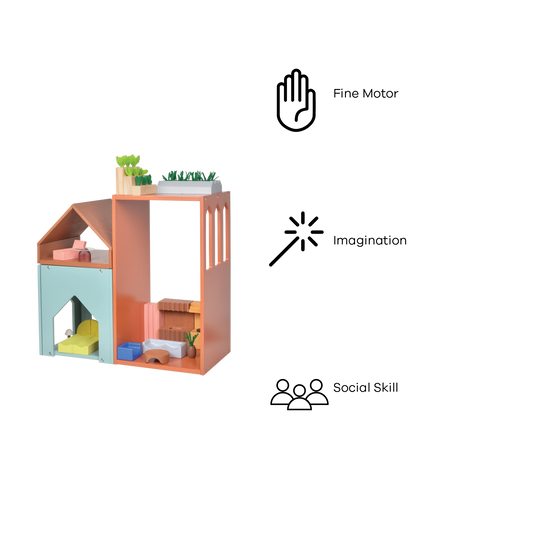 A colorful gable dollhouse with abstract design, featuring a blue house with an orange roof, and an open structure showing furniture and a doll family inside.