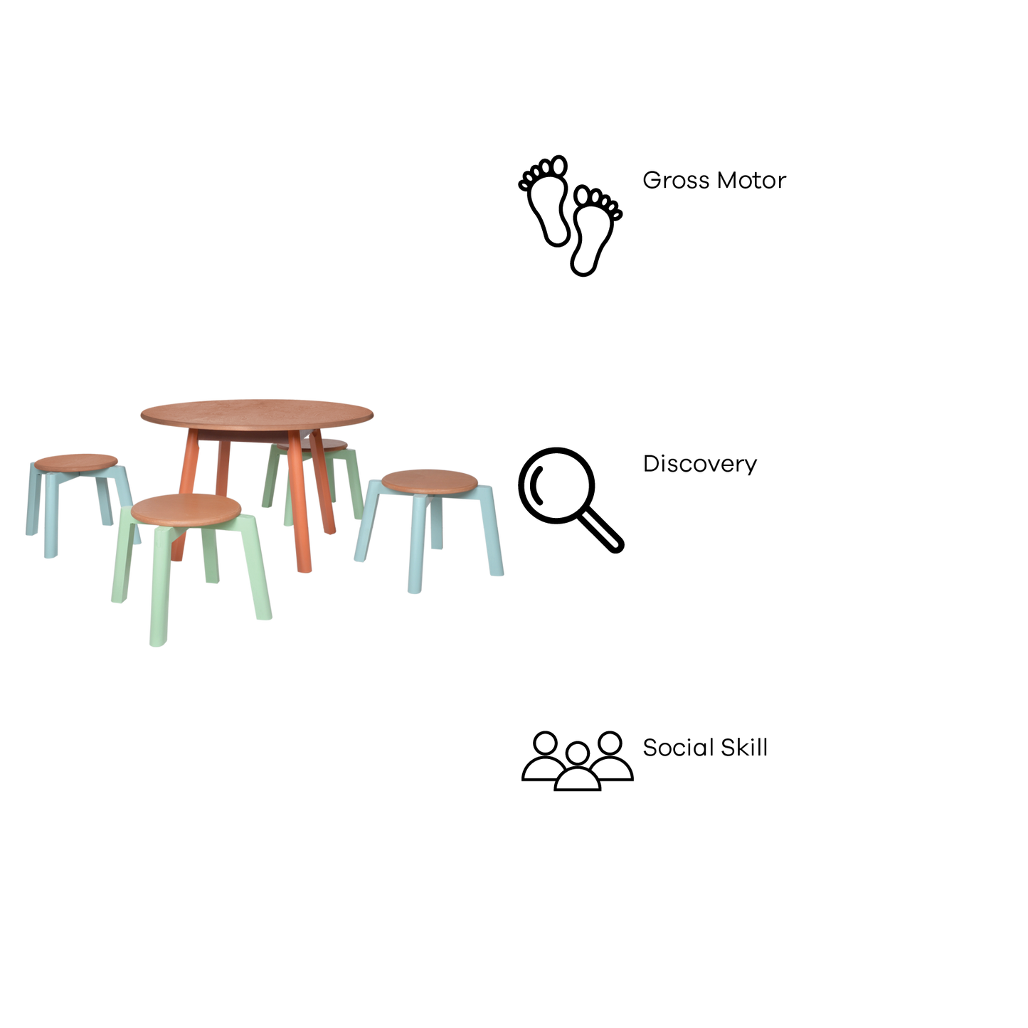 COLORED SOLID PLAY TABLE AND STOOLS