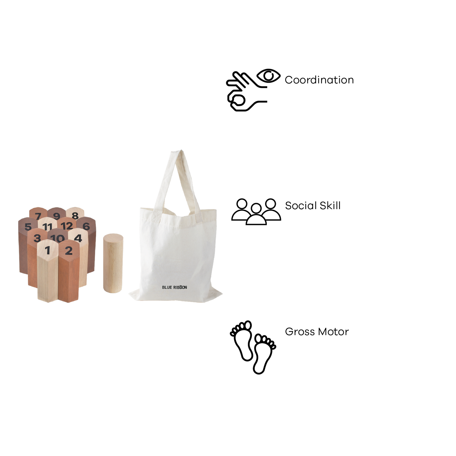 A set of wooden blocks numbered from 1 to 10, placed next to a white canvas bag with 'Blue Ribbon' printed on it.
