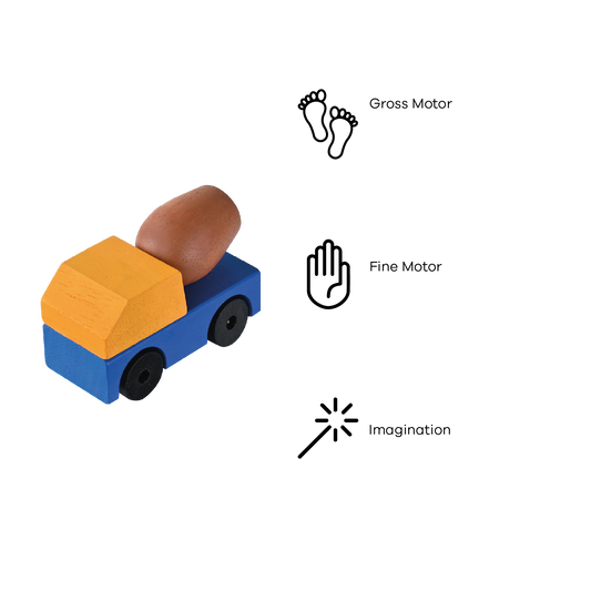 A colorful wooden toy truck with a brown cement load on top, featuring blue wheels and orange and yellow accents.
