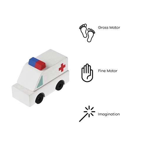 A colorful wooden toy ambulance car with a white base, blue and red detailing, and black wheels.
