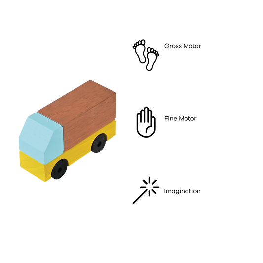 A colorful wooden toy vehicle with a blue, yellow, and brown color scheme, featuring smooth wooden wheels and steel rods.