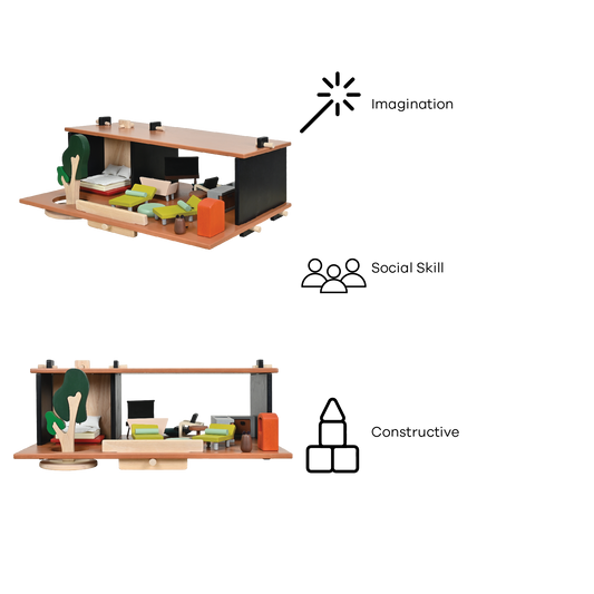 A modern dollhouse with a glass house inspiration, containing modern furniture and minimalist accessories. It is set up with a doll, a cat, and a season change tree.