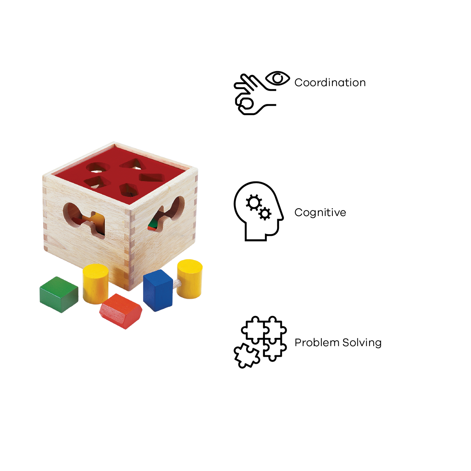 A wooden shape sorter box with various colored blocks inside, designed for young children to sort and match shapes.