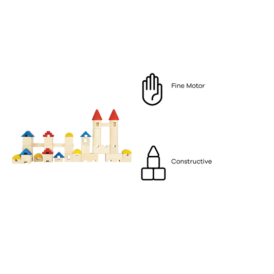 A set of wooden blocks with various colored roofs, arranged to create a house and a castle-like structure.