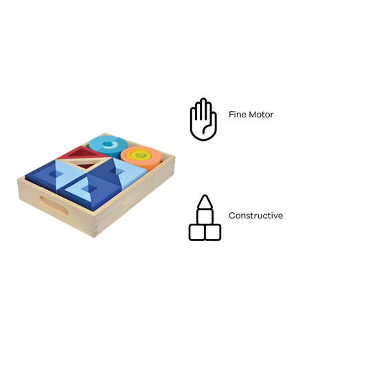 A set of colorful geometric blocks in a wooden tray, featuring shapes like squares, triangles, and circles.