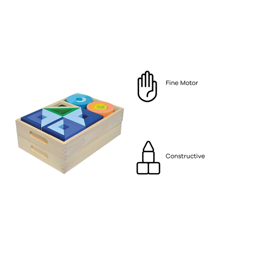 Includes 73 pieces of hollow and translucent blocks in various shapes—squares, rectangles, triangles, and arches—neatly packed in two trays.