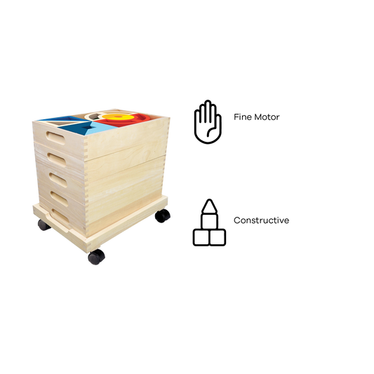 A wooden toy storage unit with multiple compartments, on wheels, containing colorful blocks and shapes for children's play.