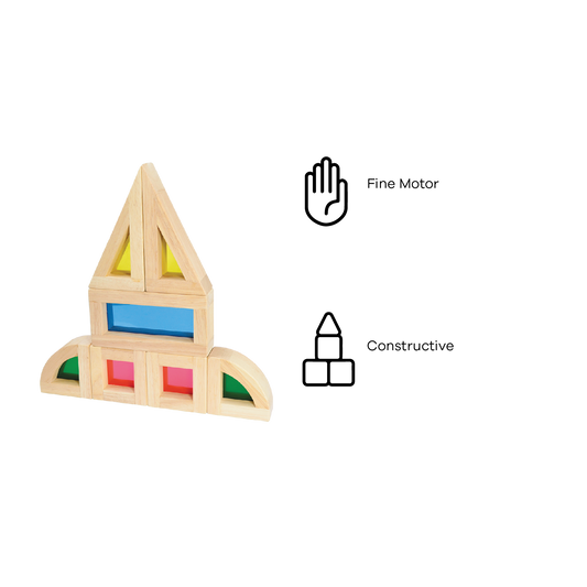 A set of wooden blocks arranged in a triangular formation with colorful acrylic inserts.