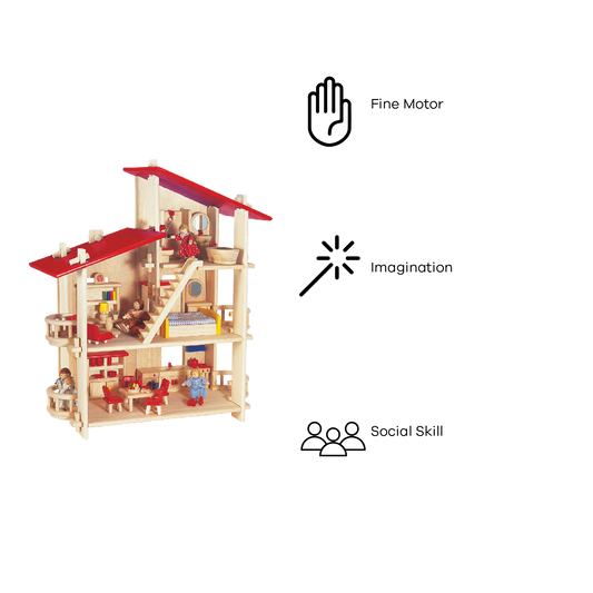 Features a curved balcony and easy assembly with wooden pegs. Comes complete with furniture and dolls for imaginative play.