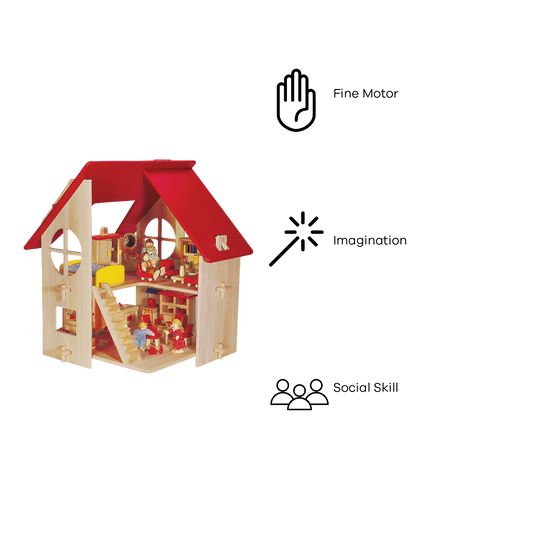 A rustic style wooden dollhouse with a red roof and circular window treatments, furnished with doll furniture.