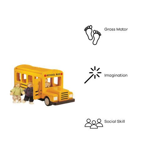 A toy school bus in yellow with the words 'SCHOOL BUS' written on the side, accompanied by three doll figures representing passengers.