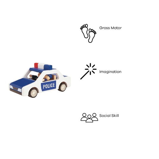 A toy police car with opening cab roof and two dolls inside, predominantly blue and white with red accents.
