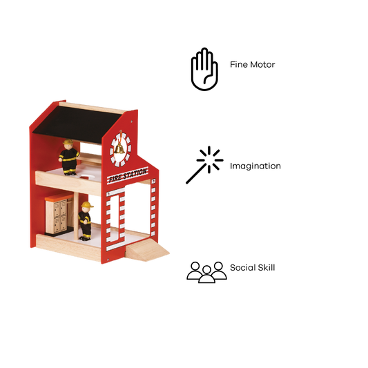 A two-level fire station building toy with a ramp, featuring a red body with a white and orange trim, and a small doll with a fire helmet inside.