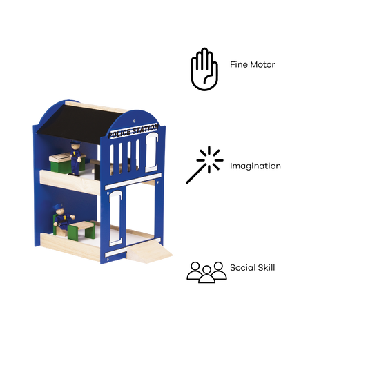 A wooden toy police station playset with a blue and white building, featuring a ramp and two miniature figures inside.