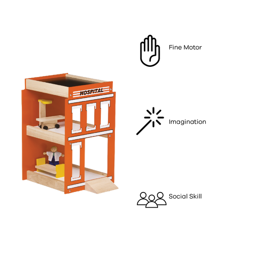 A wooden play hospital set with orange walls, featuring a ramp, furniture, and a doll.