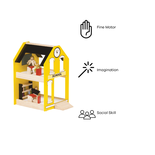 A toy school playset with two levels, furniture, and dolls. It features a yellow and black color scheme with a 'SCHOOL' sign on the front.