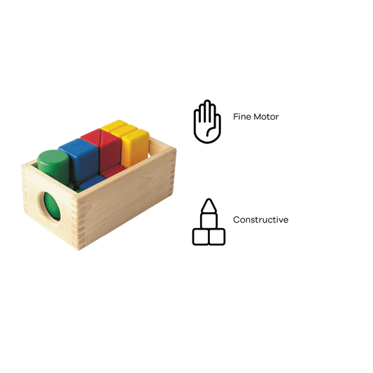 A set of brightly colored wooden blocks arranged in a wooden box.