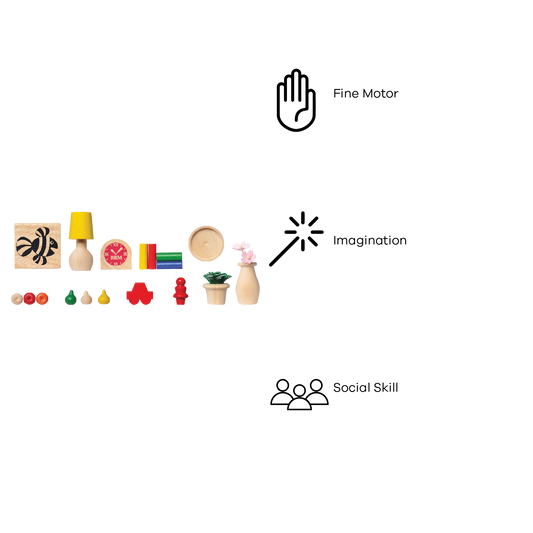 A collection of various shaped wooden toys including a mushroom, mug, mold, muffin, and mice, all in natural wood color.