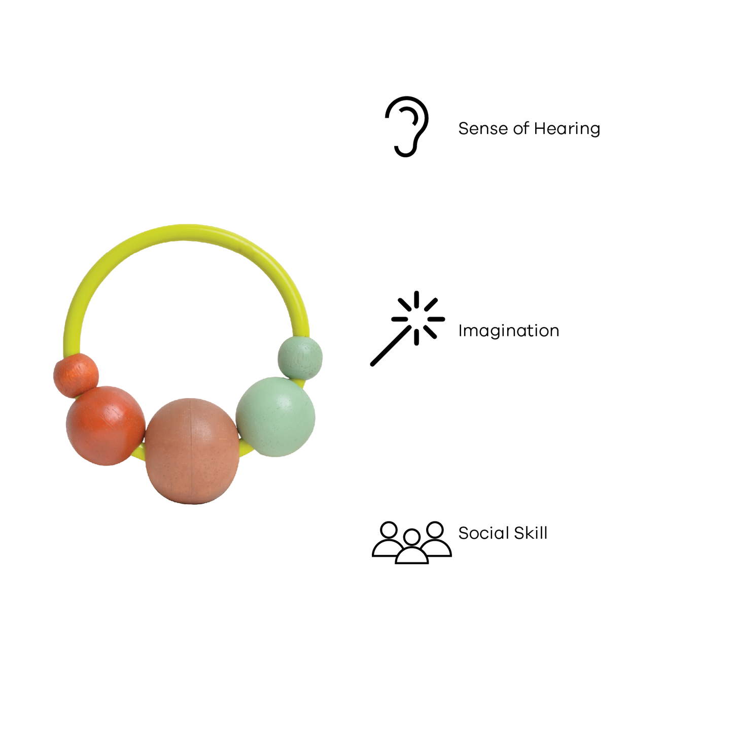 Dark green circular rubber musical shaker with five large wooden beads in brown, orange, and mint green. Encourages children to explore rhythm, differentiate sounds, and develop hand coordination.
