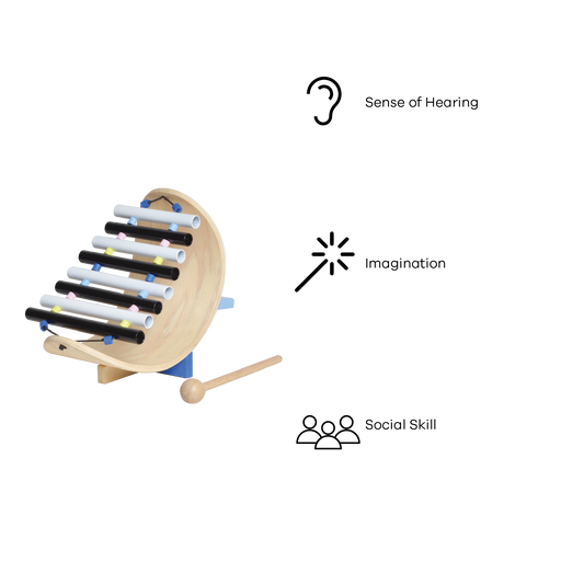 A colorful wooden floating xylophone with metal bars and a wooden frame, with a wooden mallet.