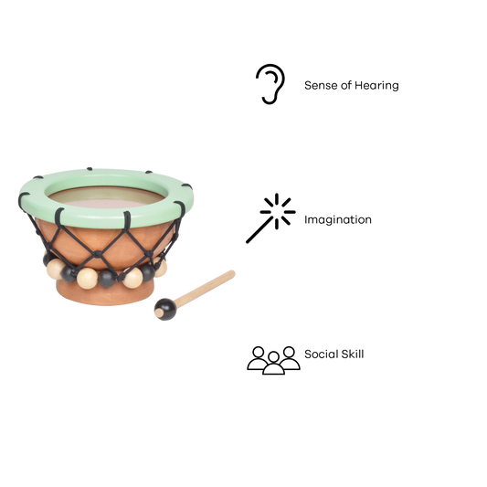 Wooden toy drum with green rim and decorative black and beige beads around the sides.