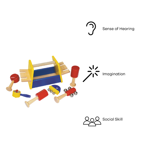 Includes six colorful musical instruments in primary colors, neatly stored in a wooden carry box for easy transport and play.