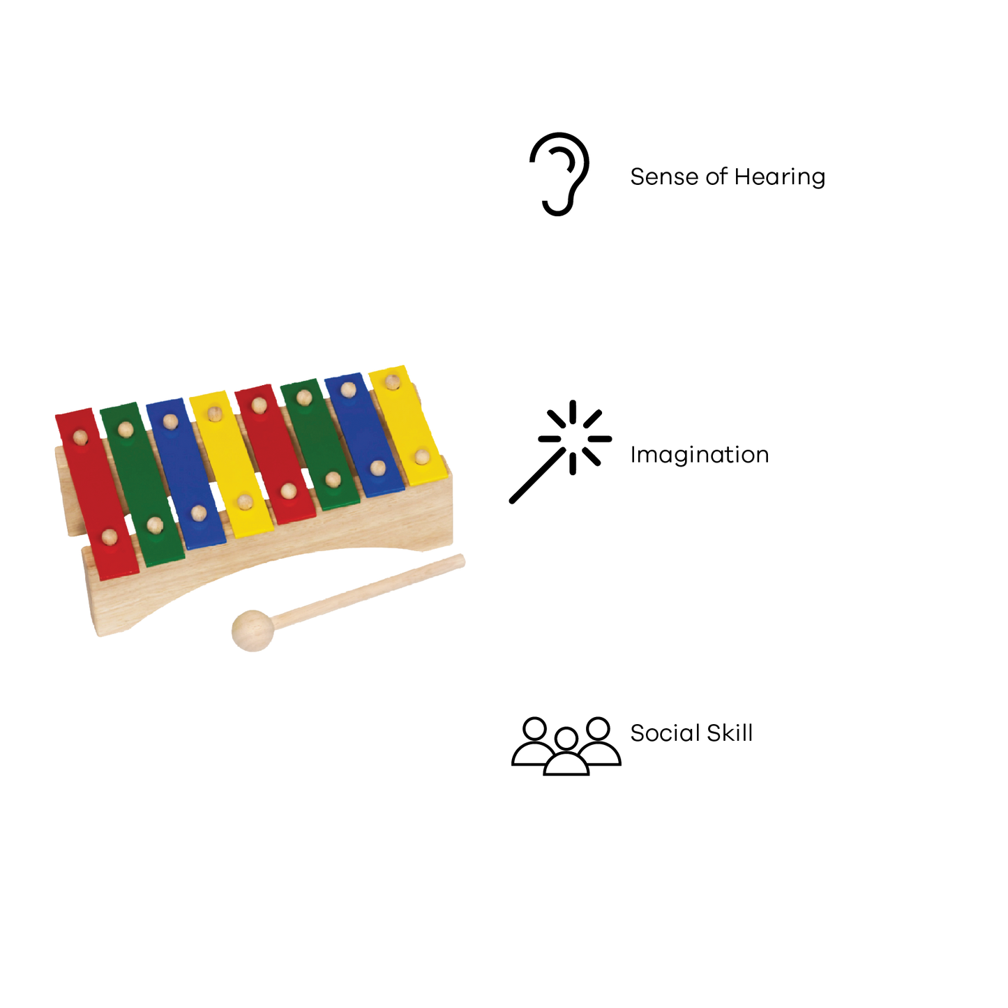 A colorful 8-note xylophone with flat metal bars in red, yellow, green, blue, and purple, and a wooden mallet. The xylophone is on a white background.