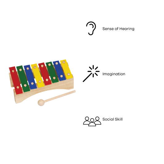 A colorful 8-note xylophone with flat metal bars in red, yellow, green, blue, and purple, and a wooden mallet. The xylophone is on a white background.