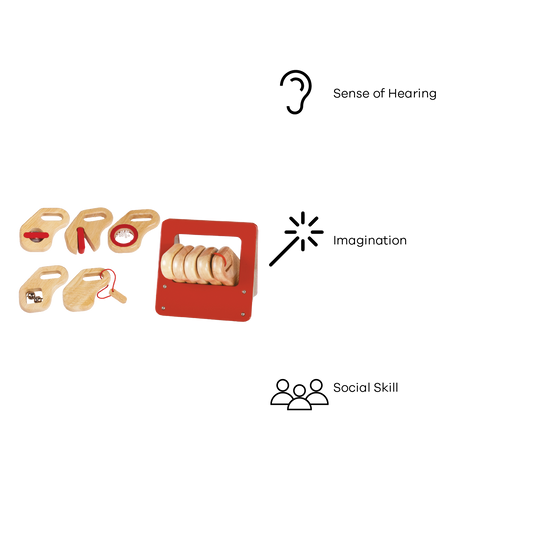 Includes six colorful musical instruments in primary colors, neatly stored in a wooden carry box for easy transport and play.