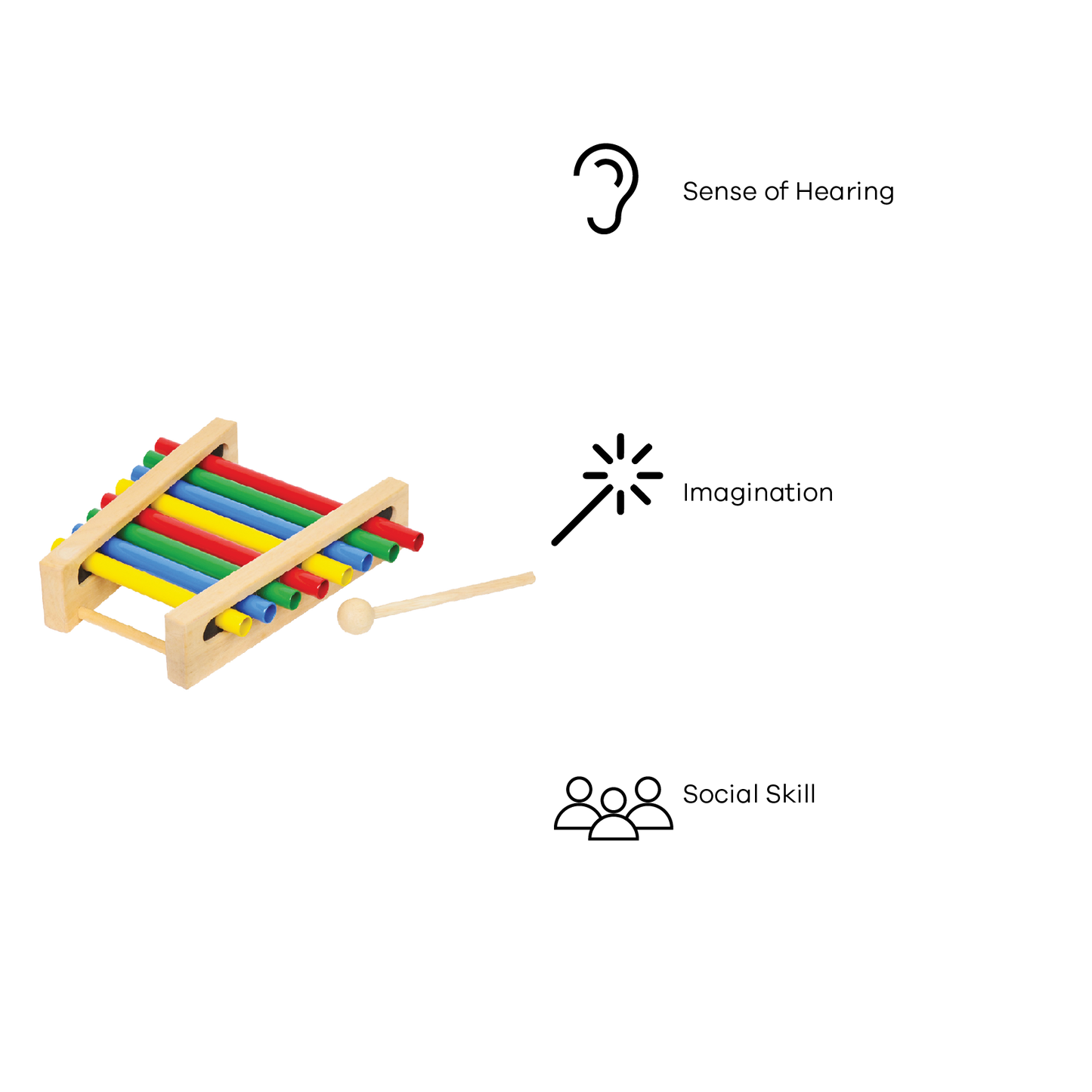 A colorful metal tubular bar xylophone with a wooden frame, featuring red, yellow, green, blue, and purple bars, and two wooden mallets.