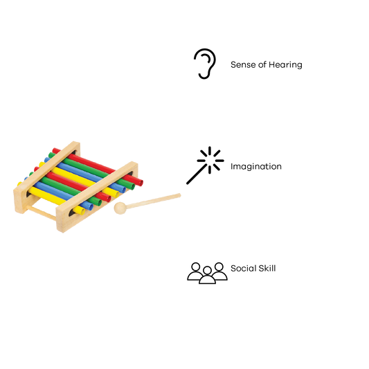 A colorful metal tubular bar xylophone with a wooden frame, featuring red, yellow, green, blue, and purple bars, and two wooden mallets.