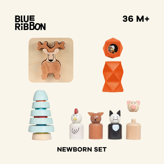 Wooden toy gift set with shape puzzles, discovery toy, and construction toy for kids.