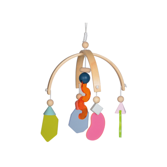A wooden baby mobile featuring curved wooden arms and colorful hanging shapes in various forms and textures. Designed to engage visual tracking and stimulate sensory development for infants.