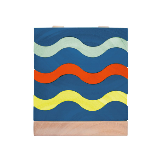 A toy construction set featuring a series of wavy blue and red rods on a natural wood base, designed to represent ocean waves.