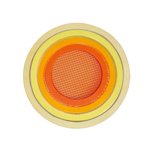 A colorful circular toy with a patterned acrylic insert and a yellow border.