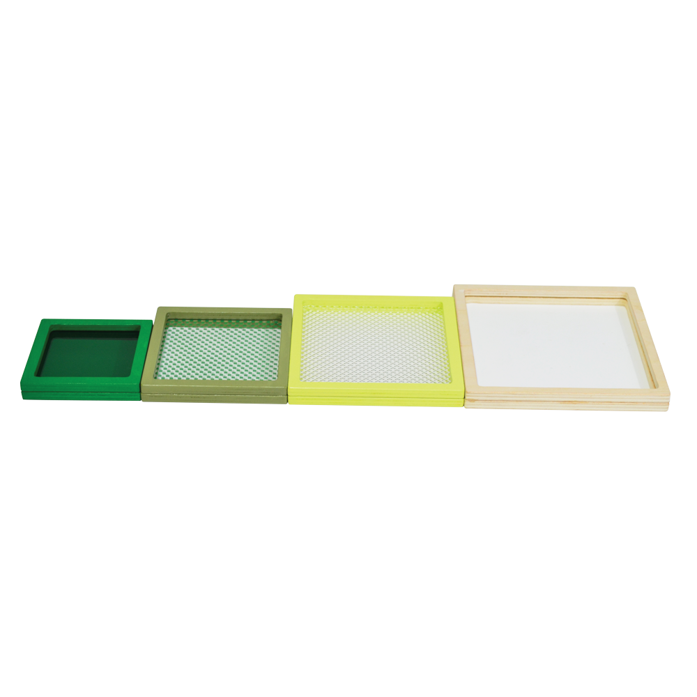 A multicolored geometric toy consisting of a square disc with different colors and patterns on each side, presented on a light background.
