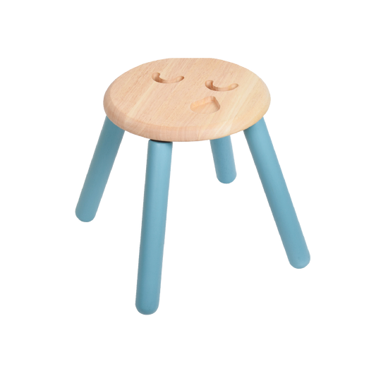 Children's stool with a emoji face design on the seat and blue tapered legs.