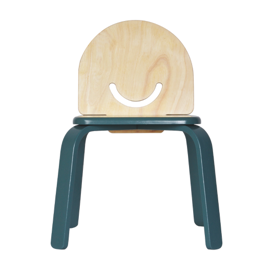 Children's chair with a smiley face design on the backrest and blue frame.