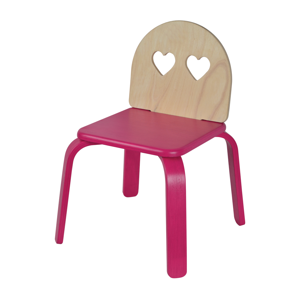 Children's chair with a heart-eyed face design on the backrest and a bright pink seat.
