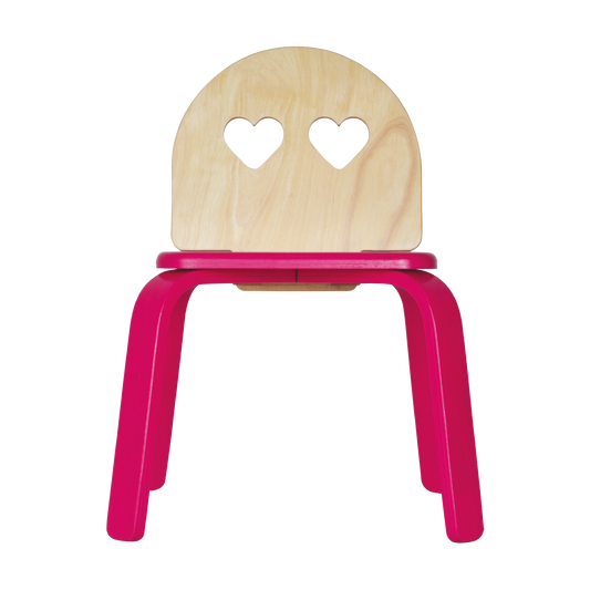 Children's chair with a heart-eyed face design on the backrest and a bright pink seat.